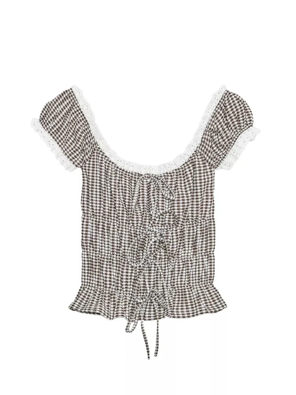 NWT Zara Gingham Lace Trim Tie Front Milkmaid Top Brown White Size S